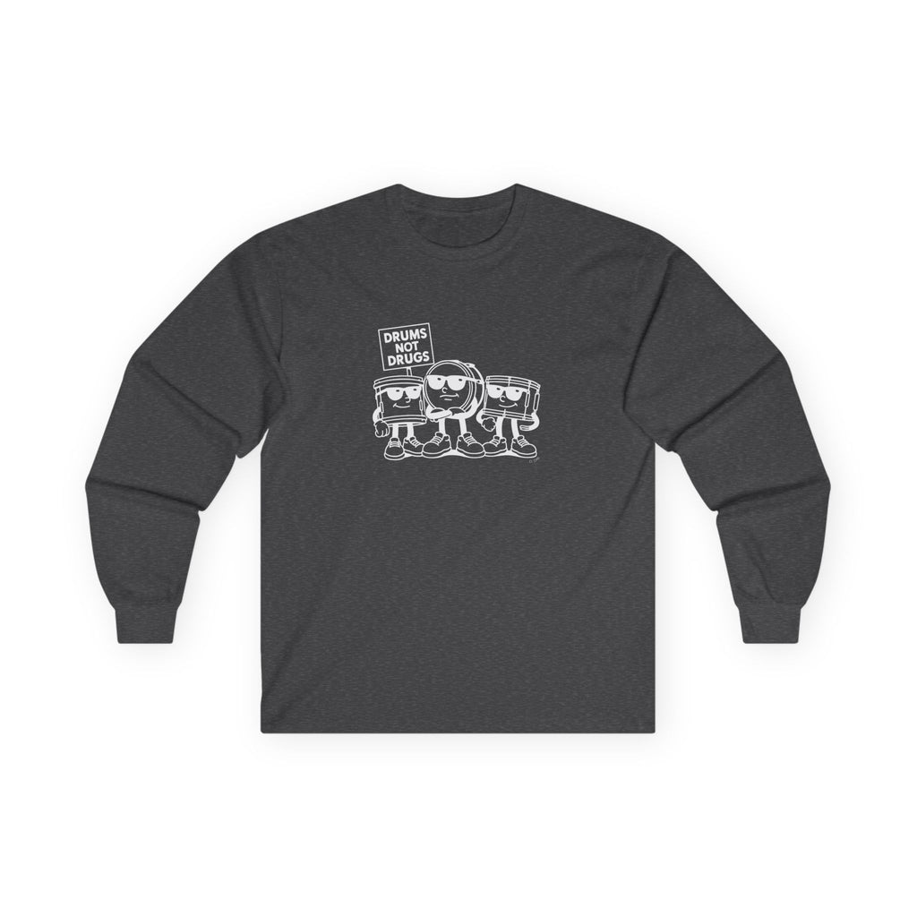 “Drums Not Drugs” Retro Long Sleeve Graphic Tee — Percussion Design